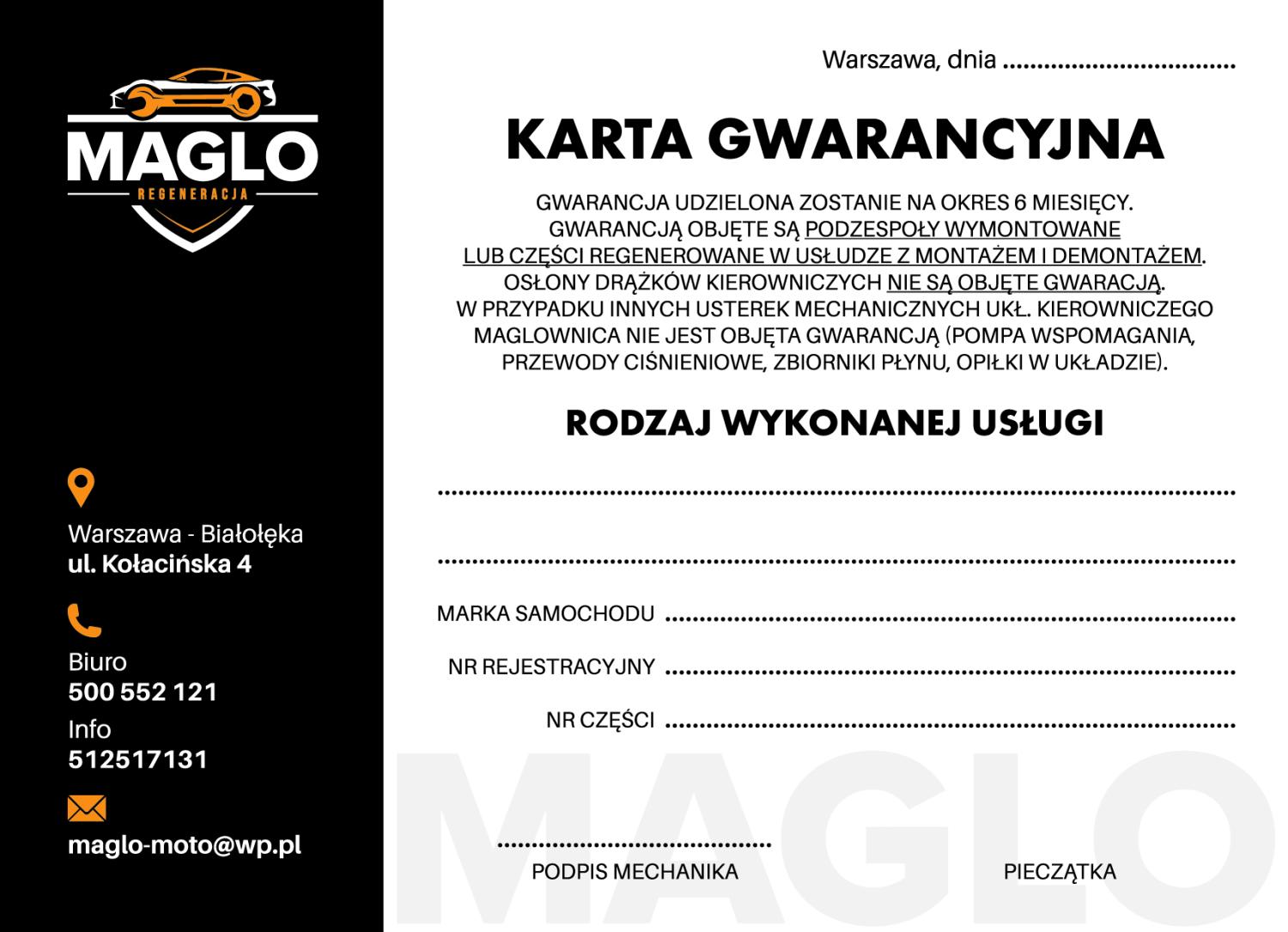 Karta gwarancyjna na zregenerowane przekladnie